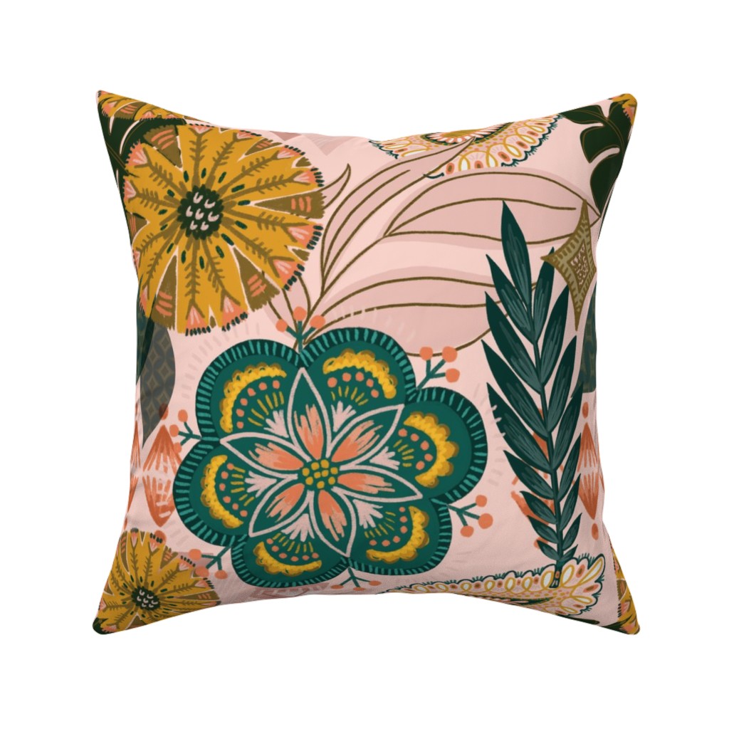 Boho Tropical - Floral - Pink Pillow, Woven, White, 16x16, Double Sided, Multicolor