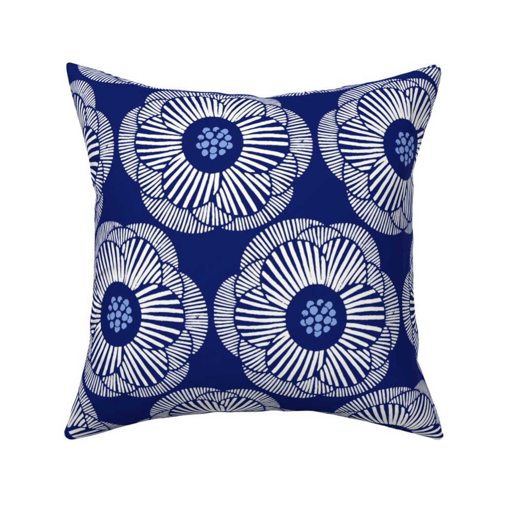 Camellia - Dark Blue Pillow, Woven, White, 16x16, Double Sided, Blue