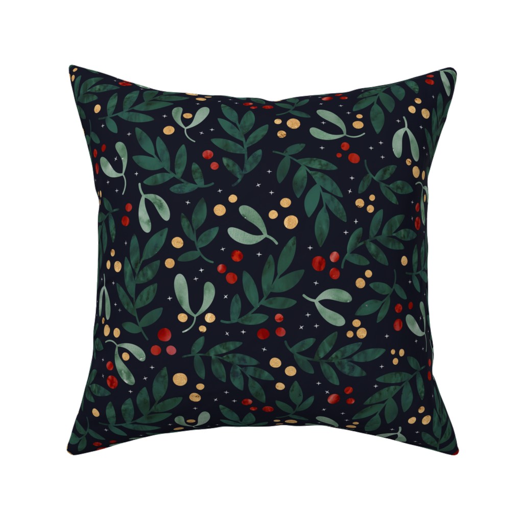 Christmas Berries - Dark Pillow, Woven, White, 16x16, Double Sided, Green