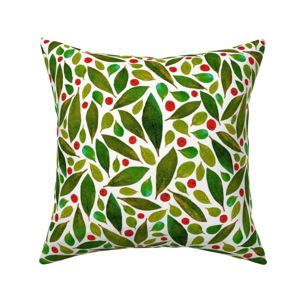 Holiday Greens and Berries Pillow, Woven, White, 16x16, Double Sided, Green, Classic Green