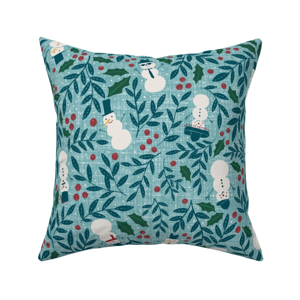 Snowmen in Winter Wonderland - Blue Pillow, Woven, White, 16x16, Double Sided, Blue