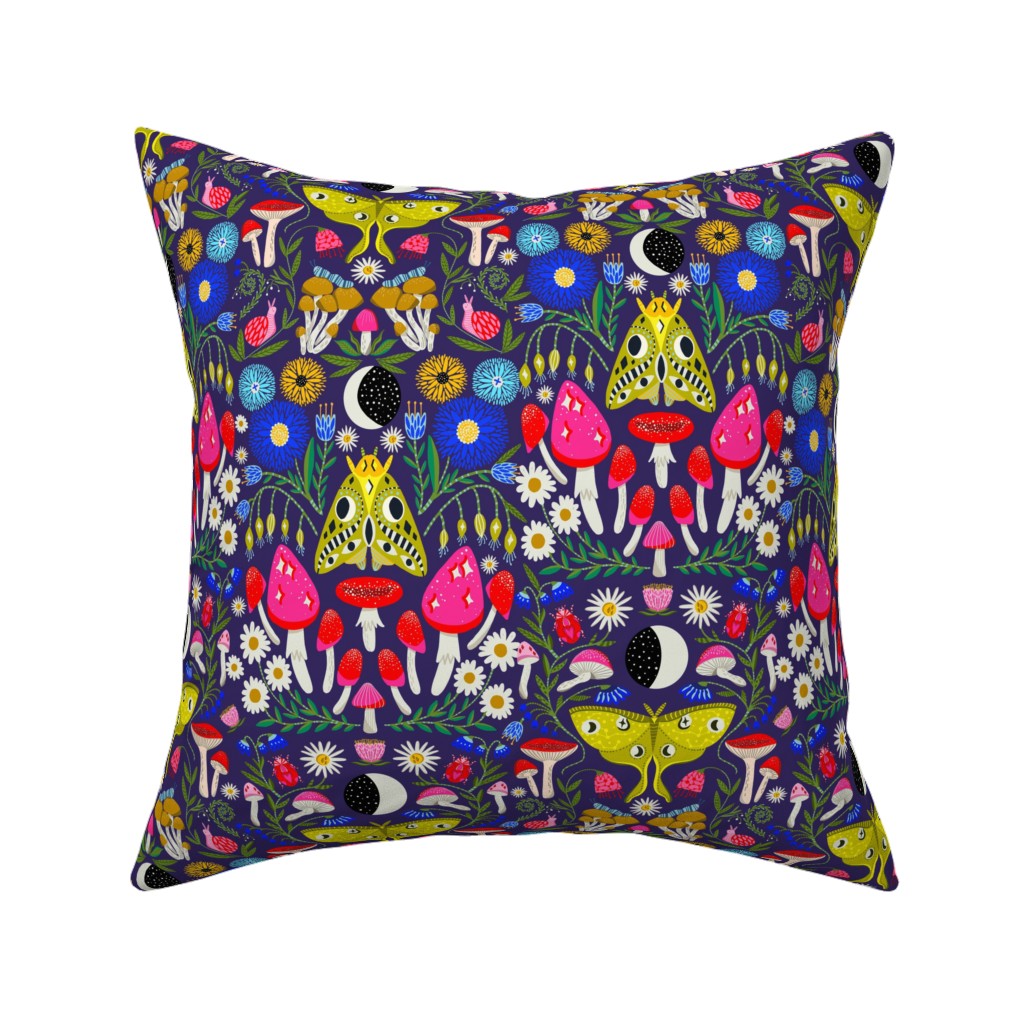 Moth Moon Mushroom - Multicolor Pillow, Woven, White, 16x16, Double Sided, Multicolor