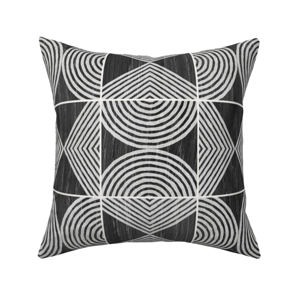 Boho Tribal Woodcut Geometric Shapes Pillow, Woven, White, 16x16, Double Sided, Black
