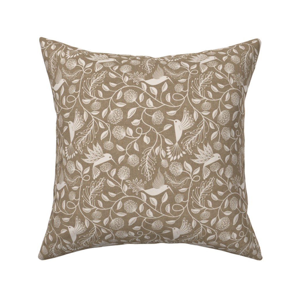 Papercutting Floral and Hummingbirds - Neutral Pillow, Woven, White, 16x16, Double Sided, Beige, Pearl