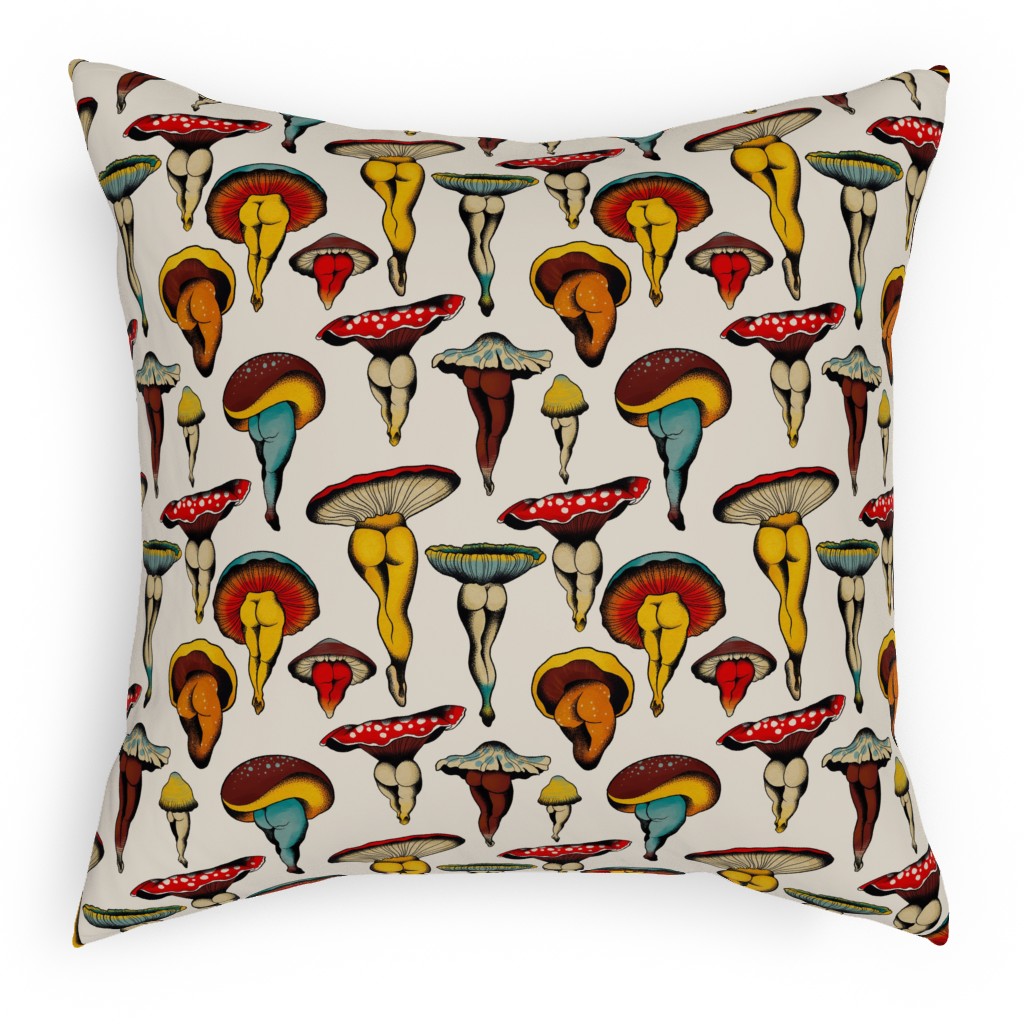 Sexy Mushrooms Pillow, Woven, White, 18x18, Double Sided, Multicolor