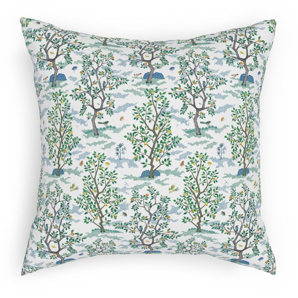 Citrus Trees - Blue and Green on White Pillow, Woven, White, 18x18, Double Sided, Green