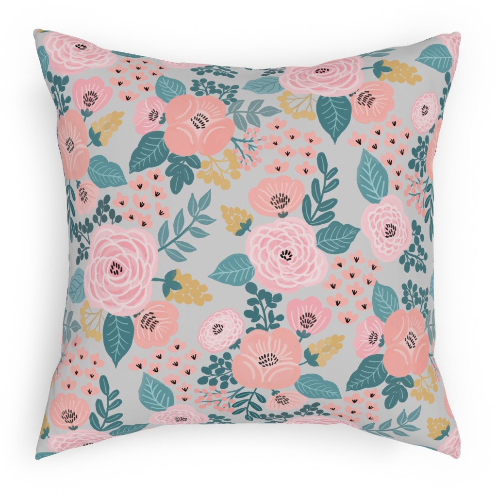 June Botanicals - Gray Pillow, Woven, White, 18x18, Double Sided, Pink