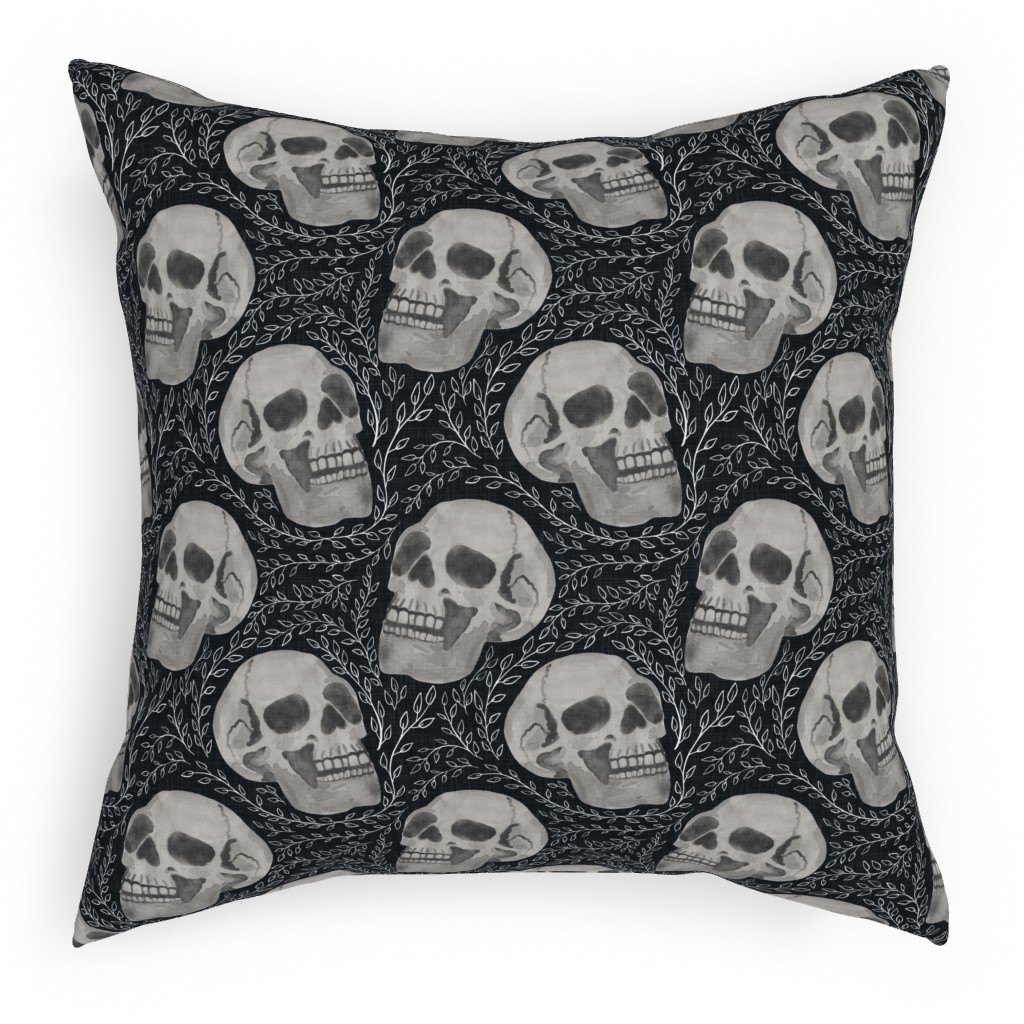 Watercolor Skulls With Flourish - Dark Pillow, Woven, White, 18x18, Double Sided, Gray
