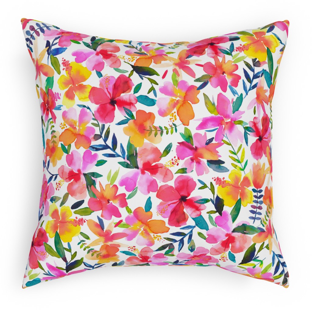 Hibiscus Floral - Multi Pillow, Woven, White, 18x18, Double Sided, Multicolor