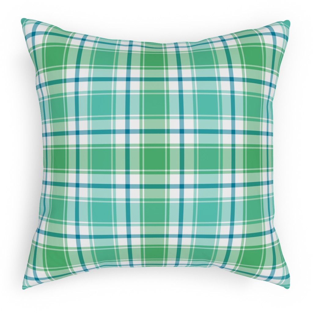 Blue, Green, Turquoise, and White Plaid Pillow, Woven, White, 18x18, Double Sided, Green