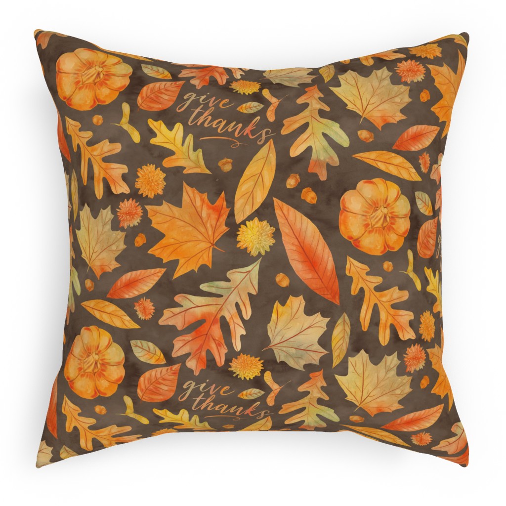 Give Thanks Watercolor Leaves - Brown Pillow, Woven, White, 18x18, Double Sided, Orange, Orange