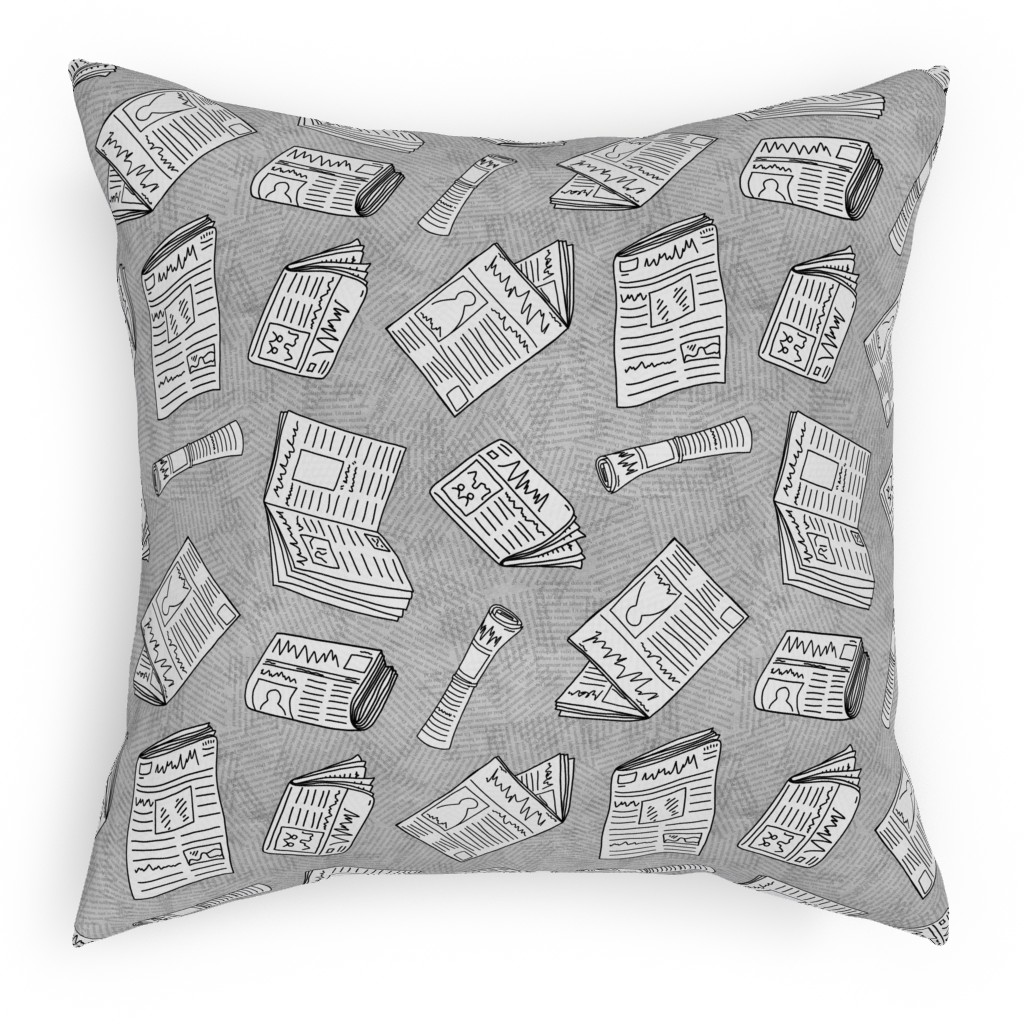 Newsprint Pillow, Woven, White, 18x18, Double Sided, Gray, Silver