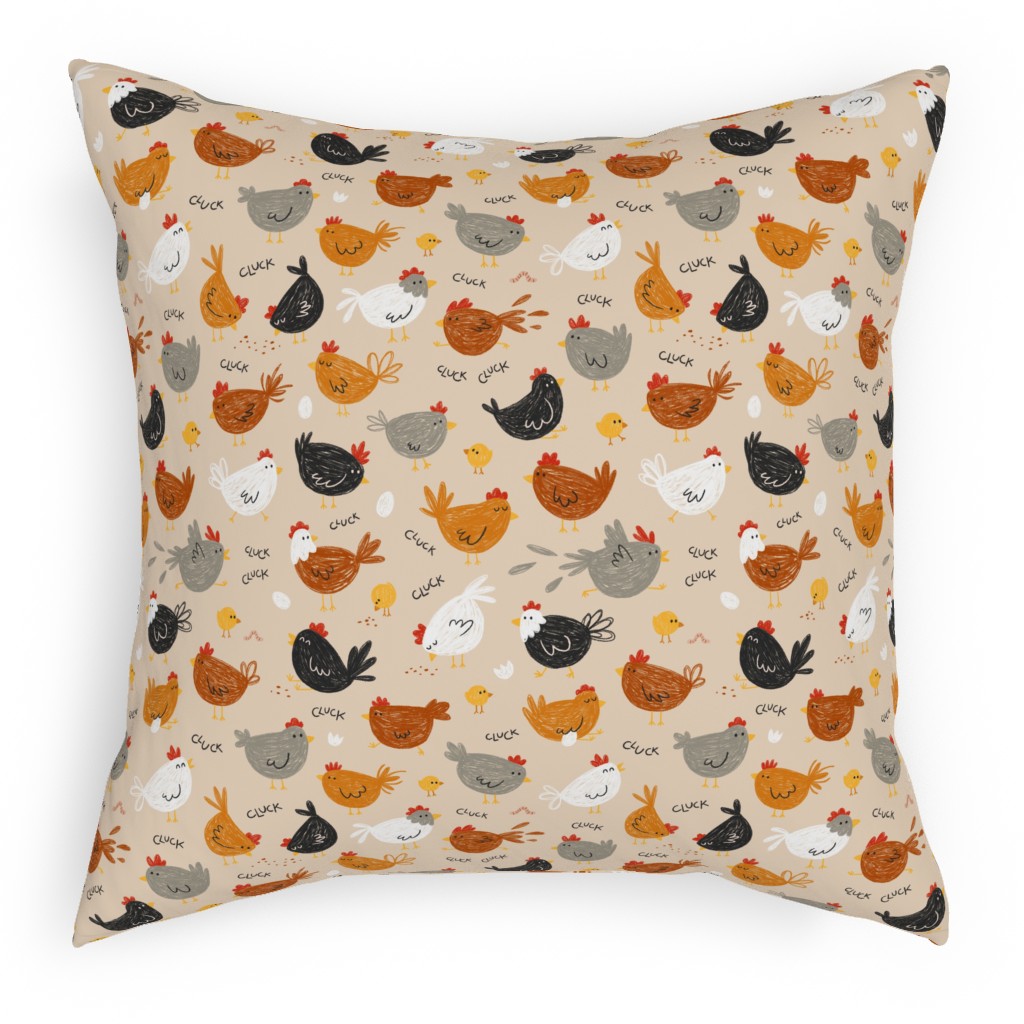 Hens - Brown Pillow, Woven, White, 18x18, Double Sided, Beige, Pearl