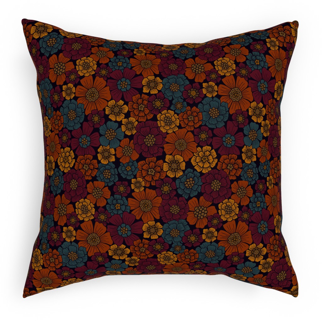 Burgundy, Rust, Mustard & Teal Floral Pillow, Woven, White, 18x18, Double Sided, Red, Red