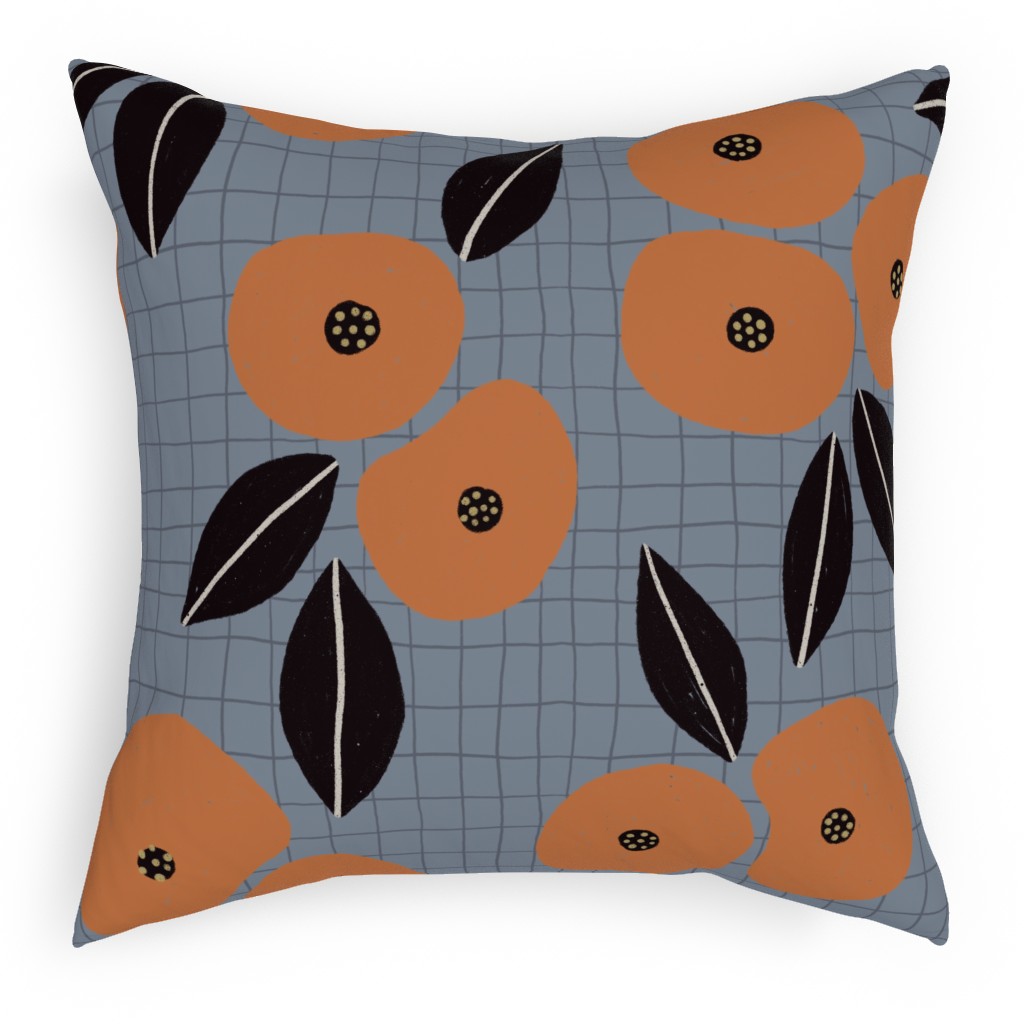 Ingrid Floral - Orange on Blue Pillow, Woven, White, 18x18, Double Sided, Blue, True Blue