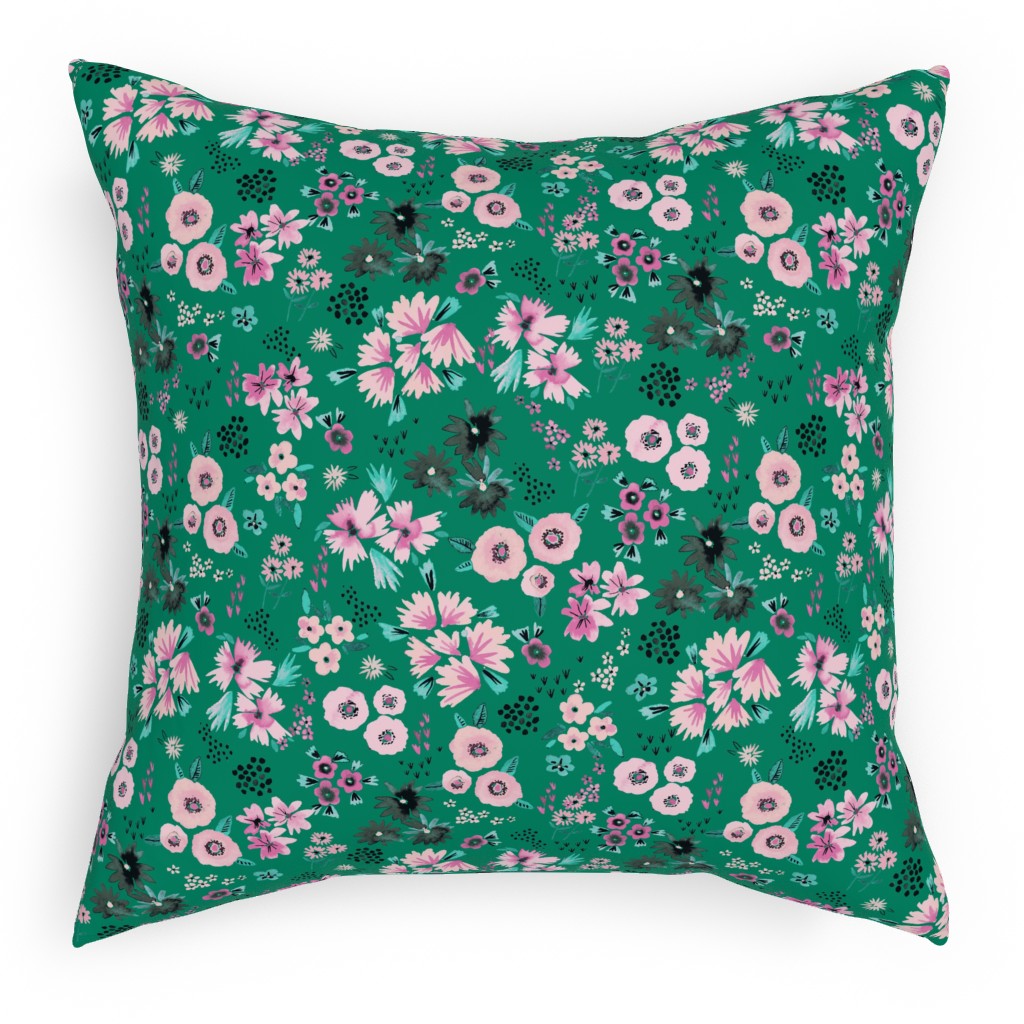 Artful Little Flowers - Green Pillow, Woven, White, 18x18, Double Sided, Green