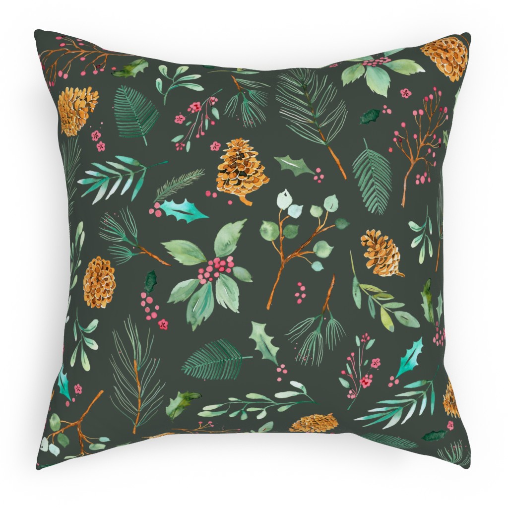 Christmas Holiday Botanical on Dark Green Pillow, Woven, White, 18x18, Double Sided, Blue