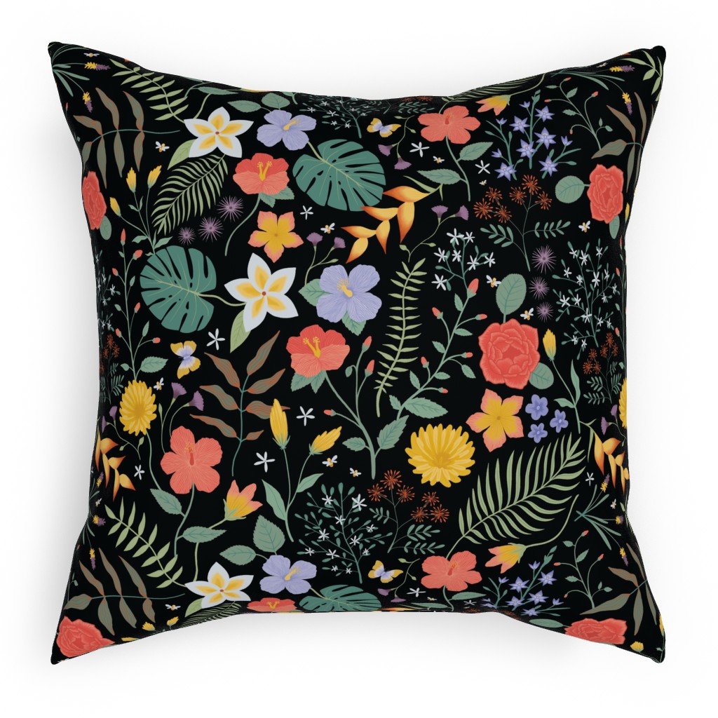 Hawaii Floral - Black Pillow, Woven, White, 18x18, Double Sided, Multicolor
