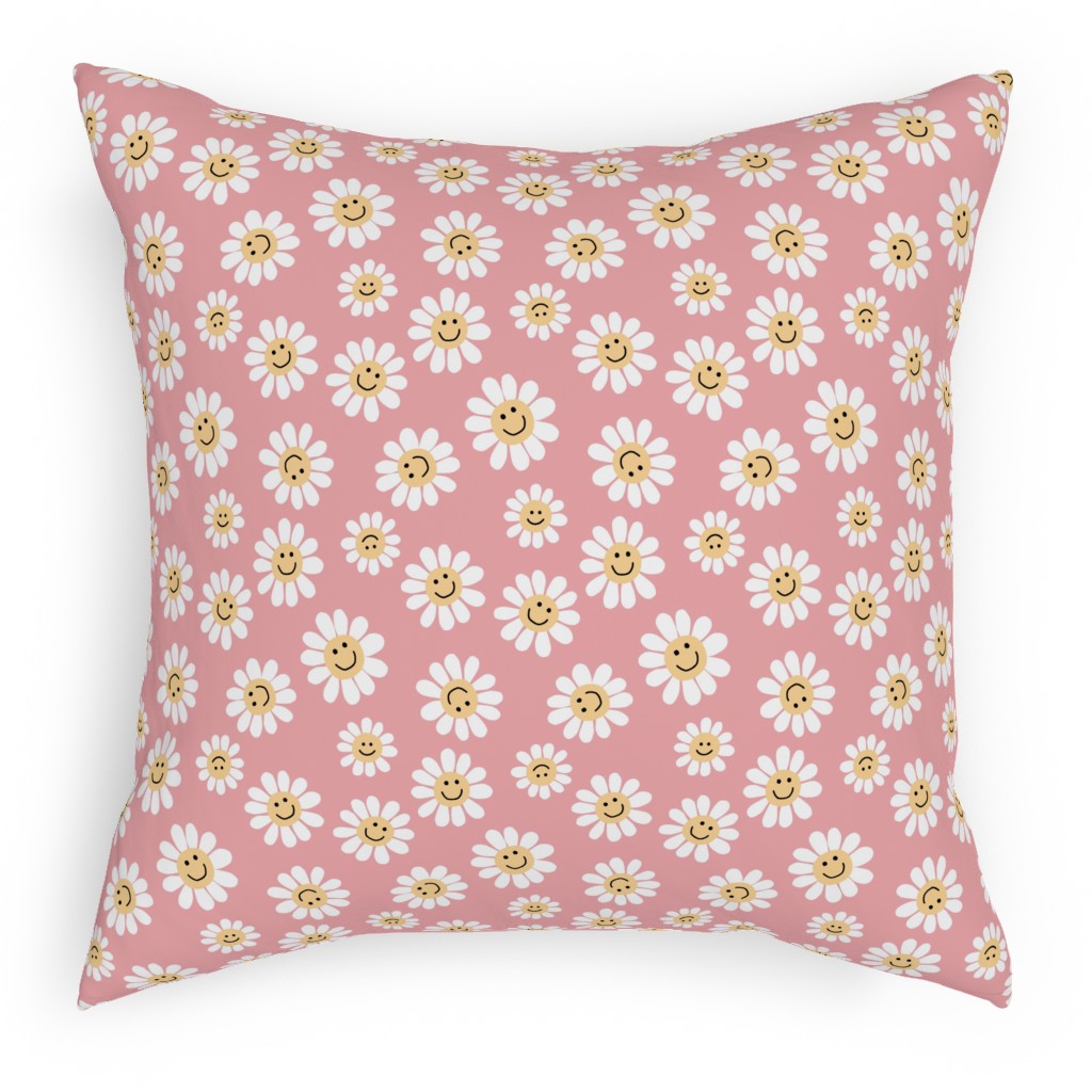 Smiley Daisy Flowers - Pink Pillow, Woven, White, 18x18, Double Sided, Pink, Bright Pink