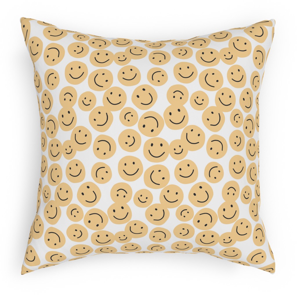 Happy Smiley Faces - Yellow Pillow, Woven, White, 18x18, Double Sided, Yellow