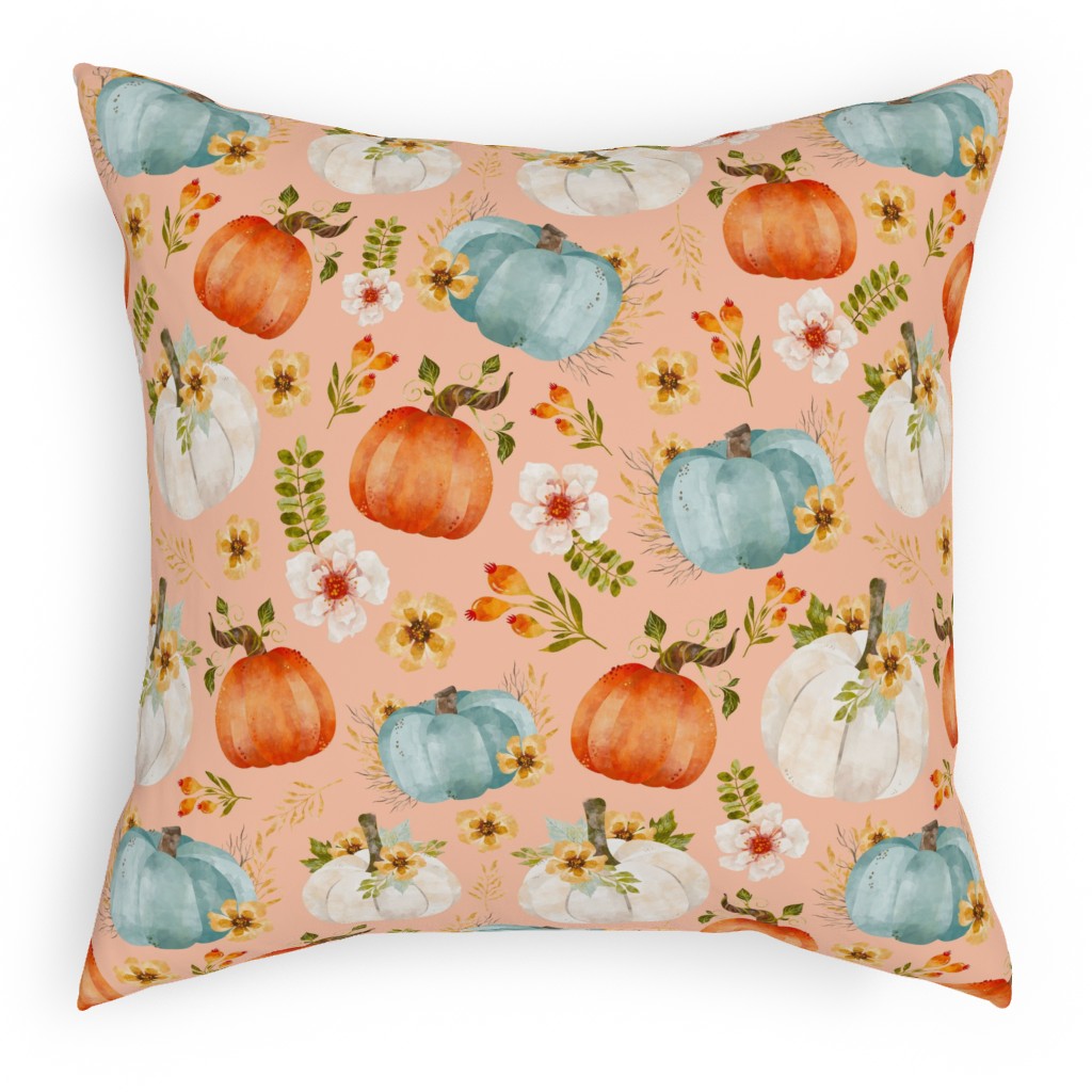 Rustic Farmhouse Pumpkins on Pale Peach Pillow, Woven, White, 18x18, Double Sided, Orange