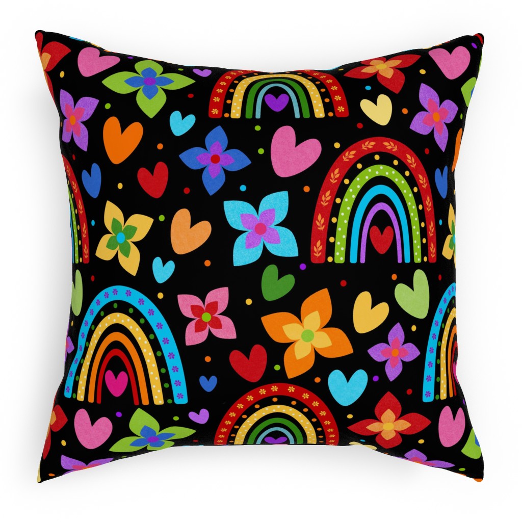 Colorful Rainbows, Flowers, Hearts - Black Pillow, Woven, White, 18x18, Double Sided, Multicolor