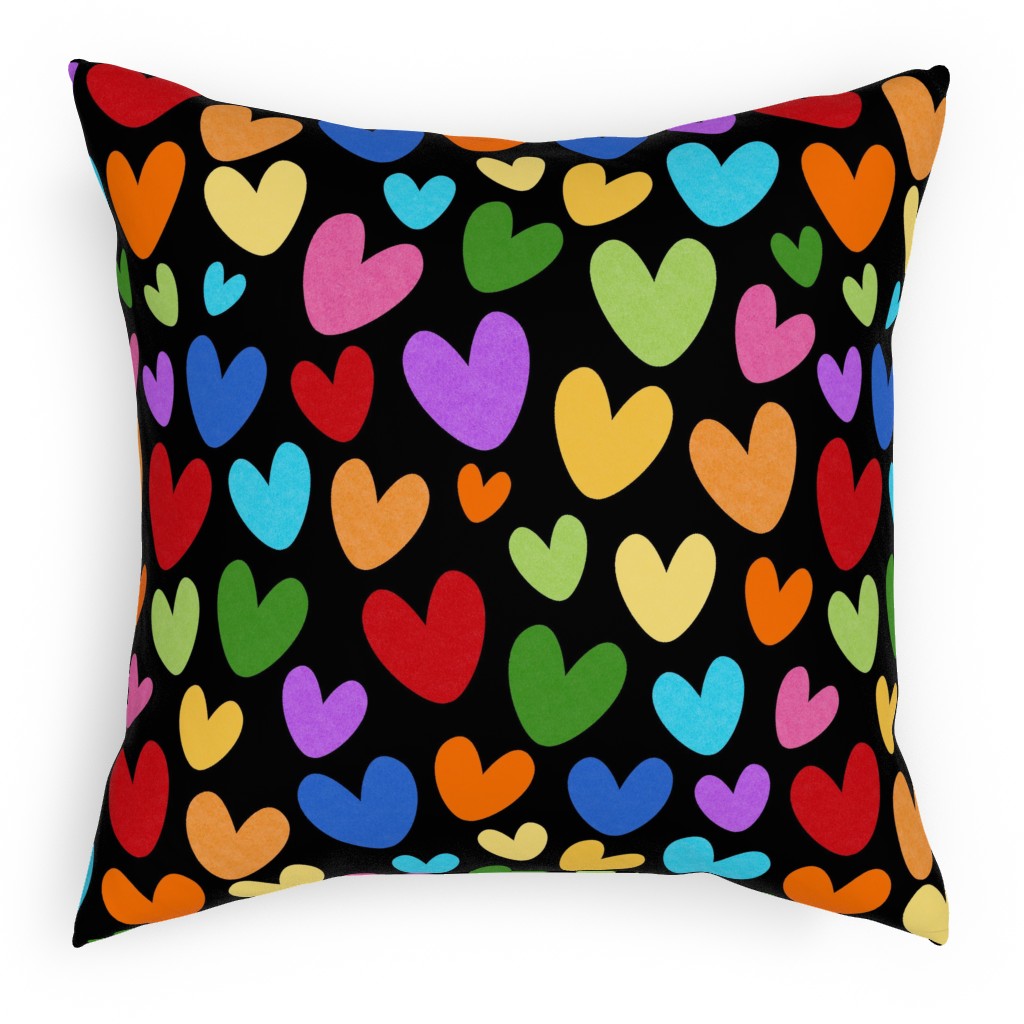 Rainbow Hearts - Black Pillow, Woven, White, 18x18, Double Sided, Multicolor