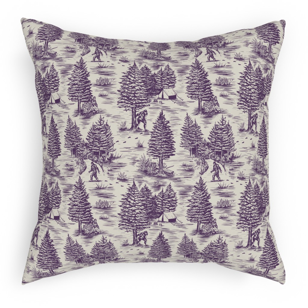 Bigfoot Sasquatch Toile De Jouy Pillow, Woven, White, 18x18, Double Sided, Purple