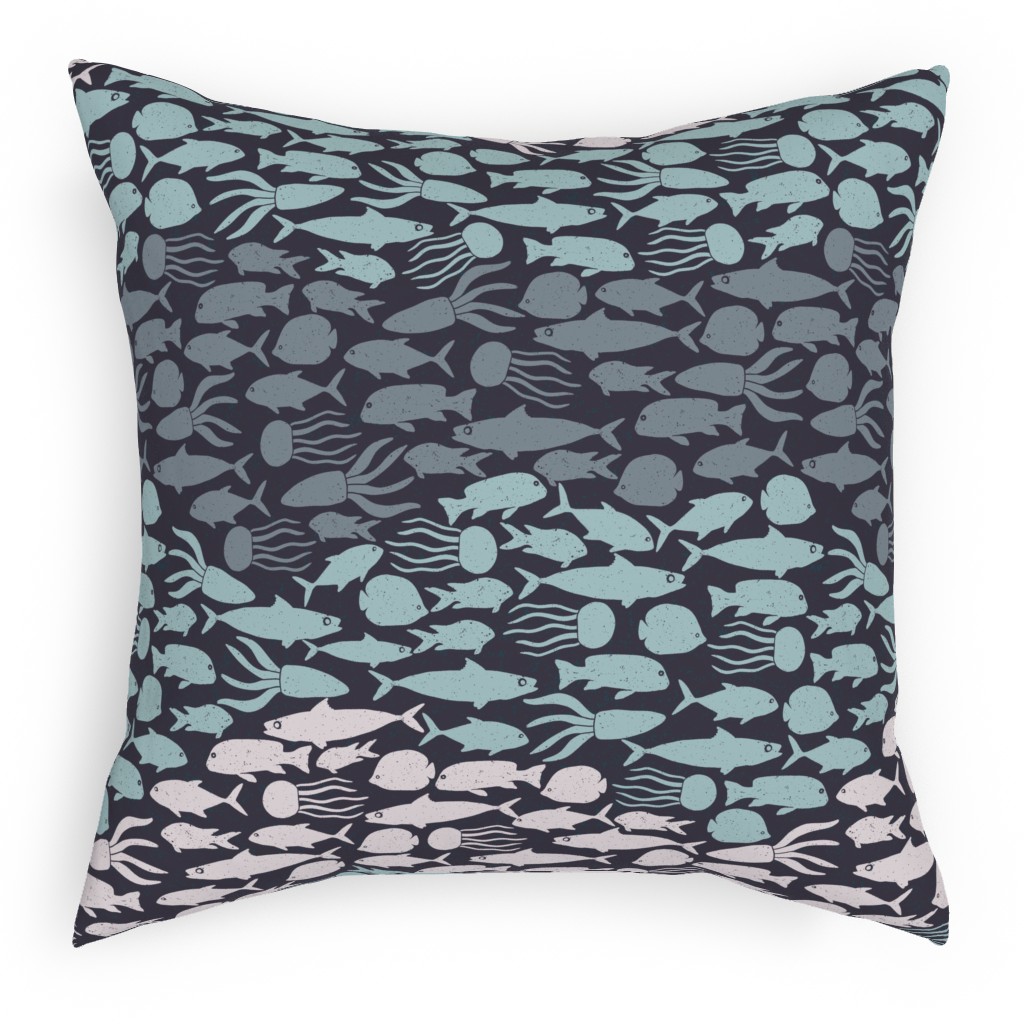 Fish School in Gray Aqua Dark Background Pillow, Woven, White, 18x18, Double Sided, Blue