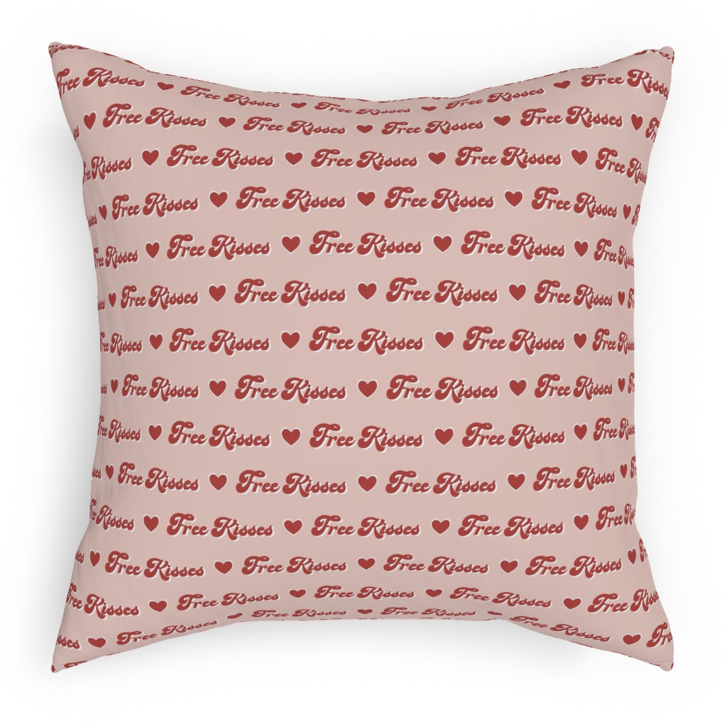 Free Kisses - Retro Hearts - Red on Pink Pillow, Woven, White, 18x18, Double Sided, Pink