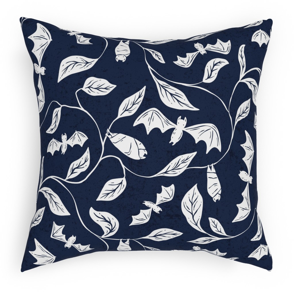 Bat Forest - White on Navy Pillow, Woven, White, 18x18, Double Sided, Blue
