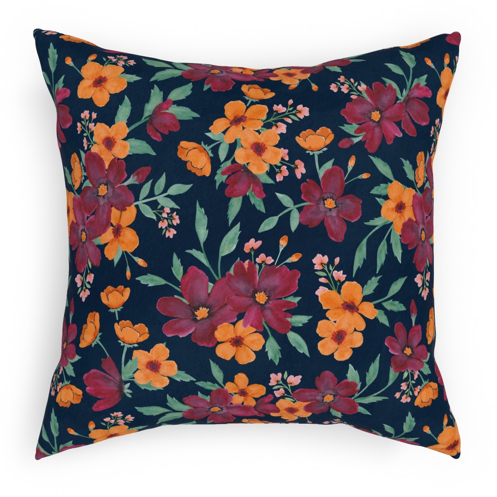 Watercolor Autumn Florals - Navy Pillow, Woven, White, 18x18, Double Sided, Multicolor