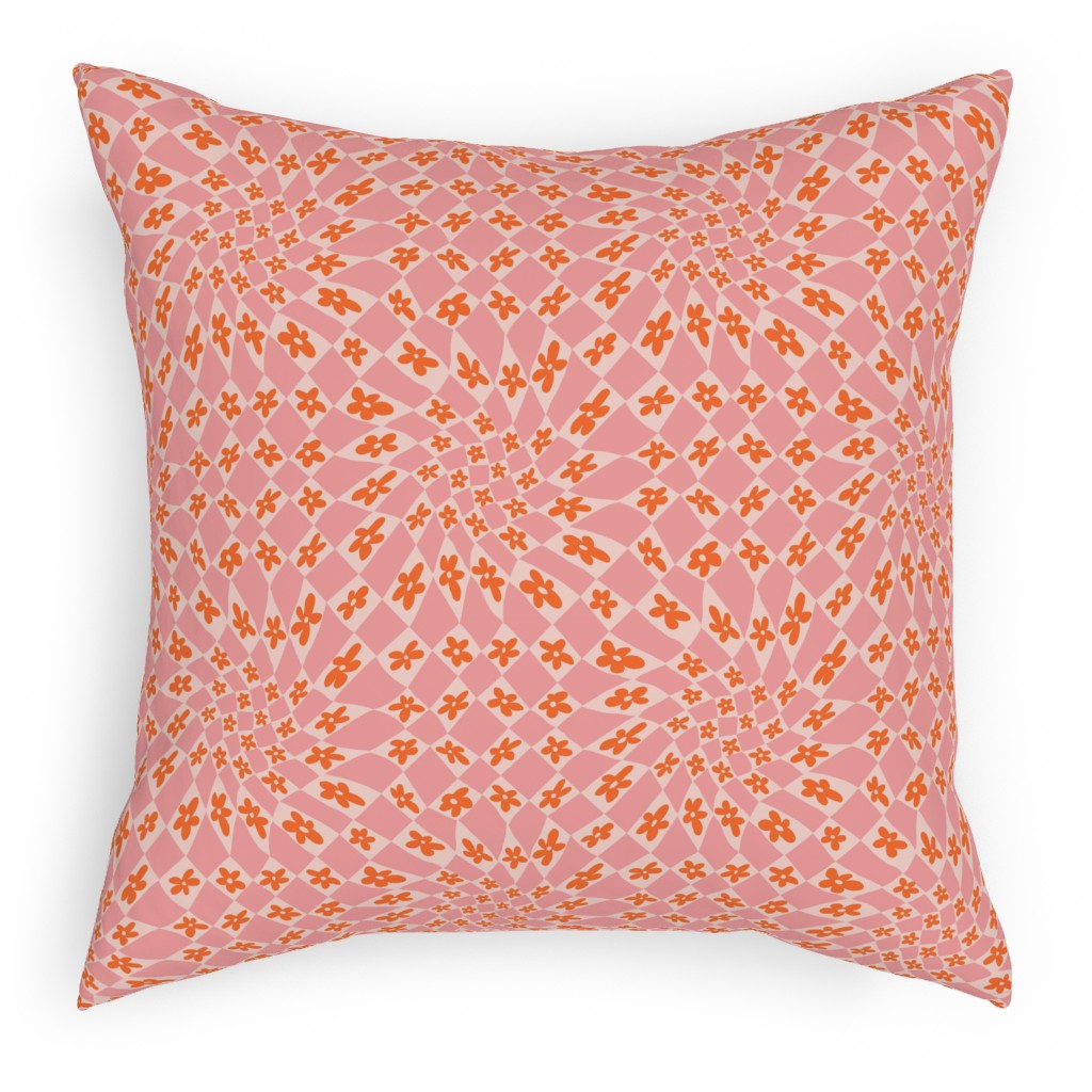Trippy Checker - Floral - Pink and Orange Pillow, Woven, White, 18x18, Double Sided, Pink, Bright Pink