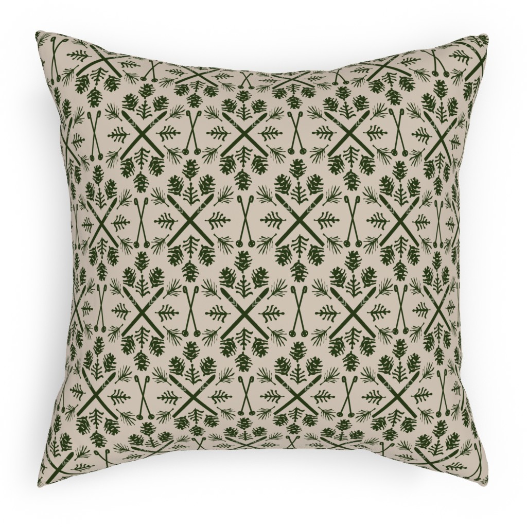 Winter Ski Season - Pine and Tan Pillow, Woven, White, 18x18, Double Sided, Green