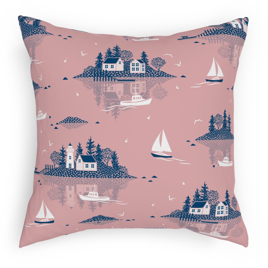Maine Islands - Pink Pillow, Woven, White, 18x18, Double Sided, Pink