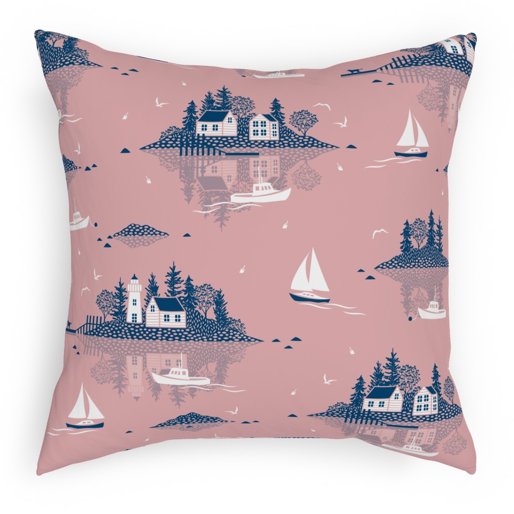 Maine Islands - Pink Pillow, Woven, White, 18x18, Double Sided, Pink, Bright Pink