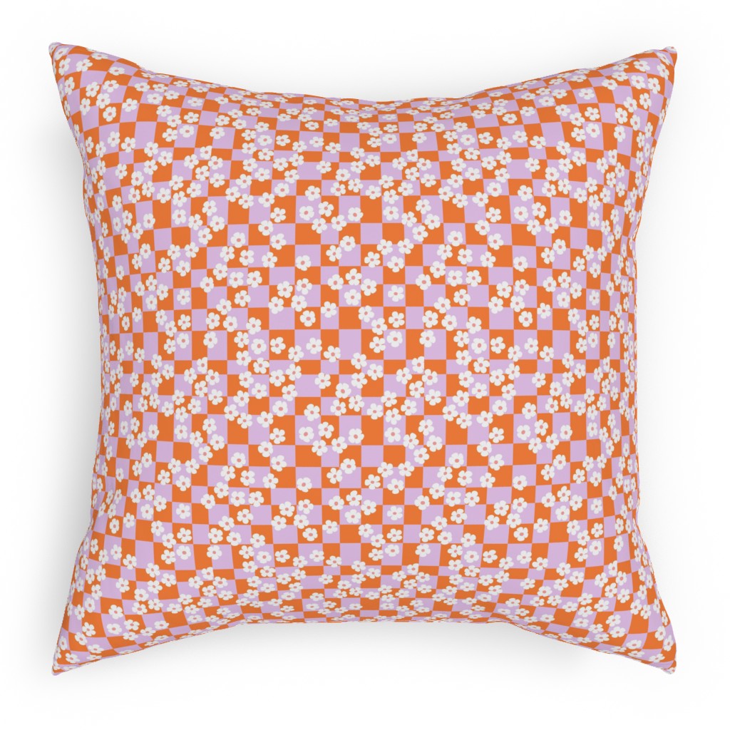 Checkered Daisies Retro - Orange and Pink Pillow, Woven, White, 18x18, Double Sided, Multicolor