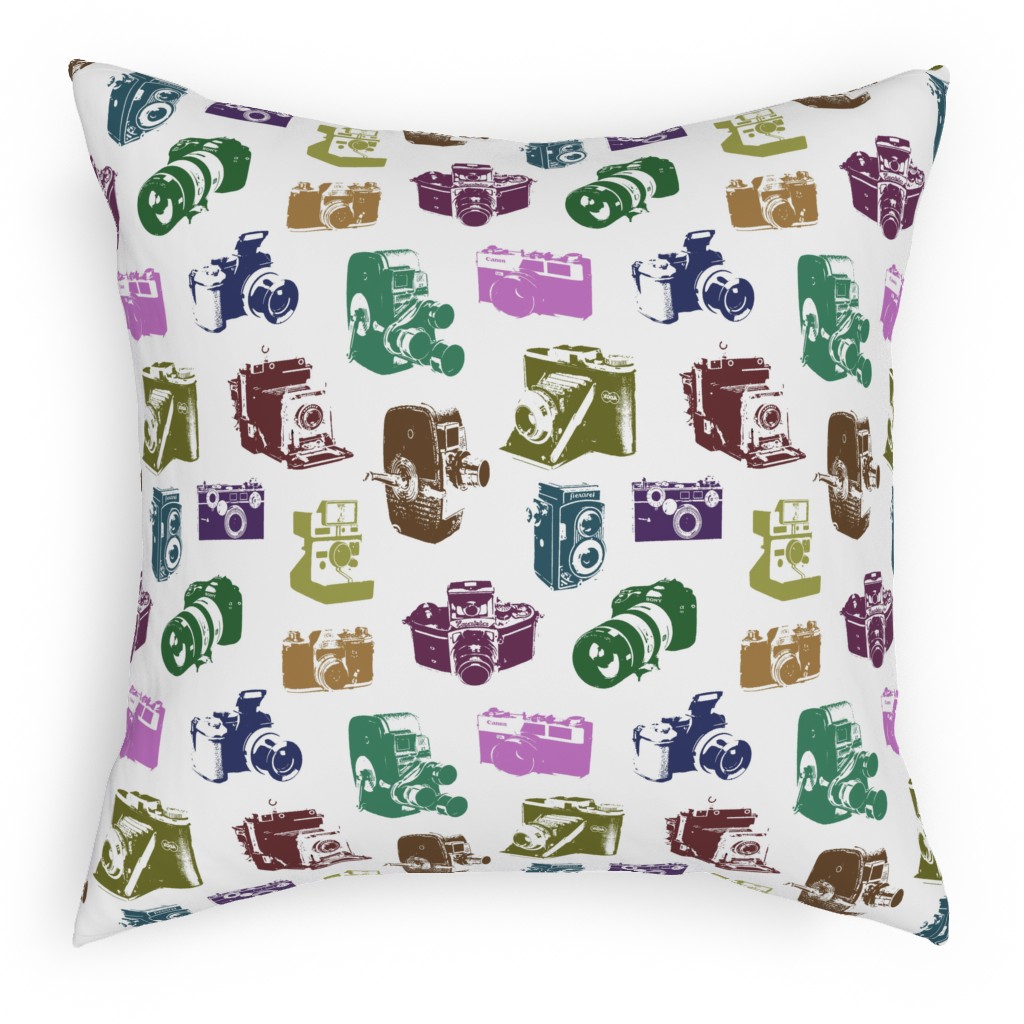 Retro Cameras Pillow, Woven, White, 18x18, Double Sided, Multicolor, Wood