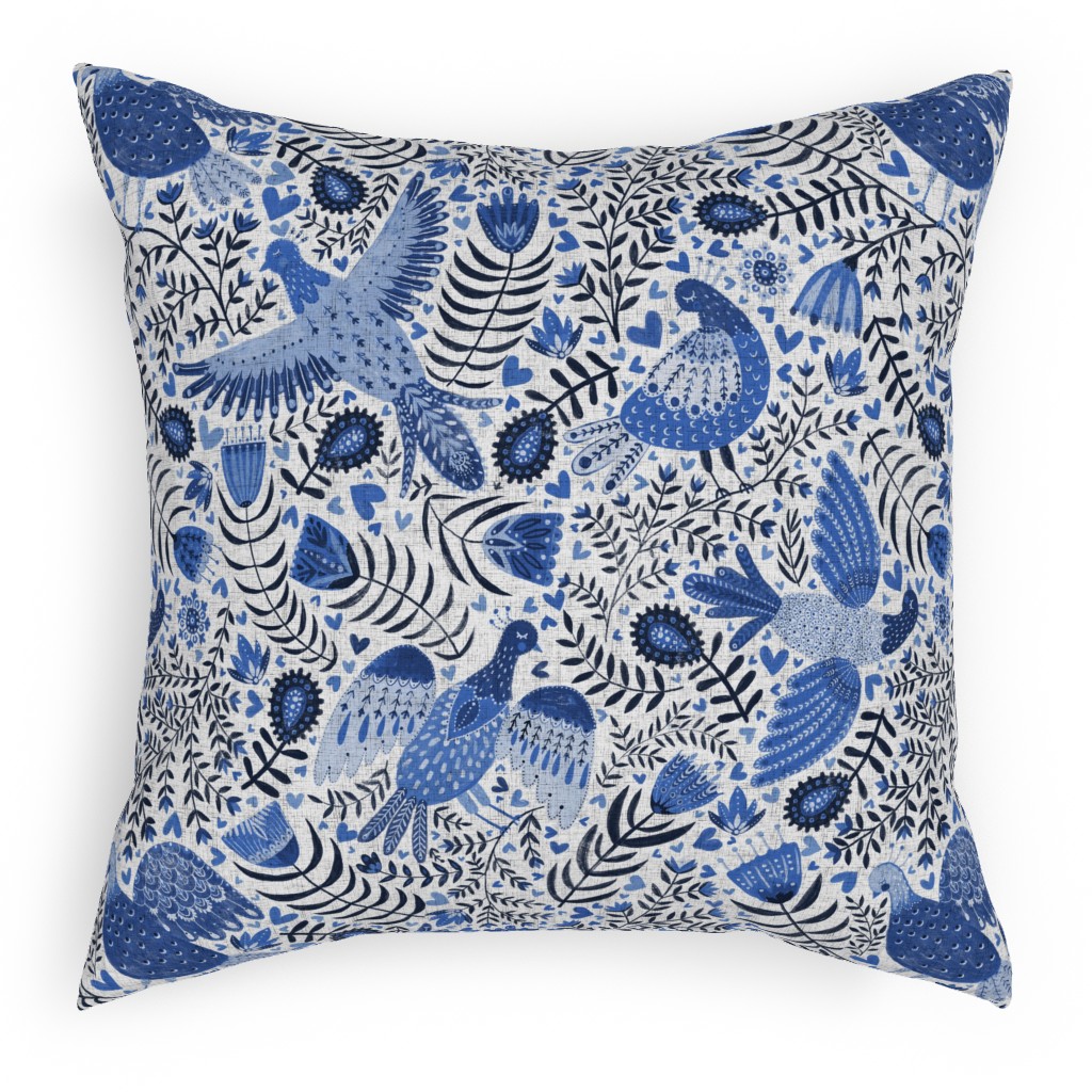Scandinavian Birds - Indigo Blue Pillow, Woven, White, 18x18, Double Sided, Blue