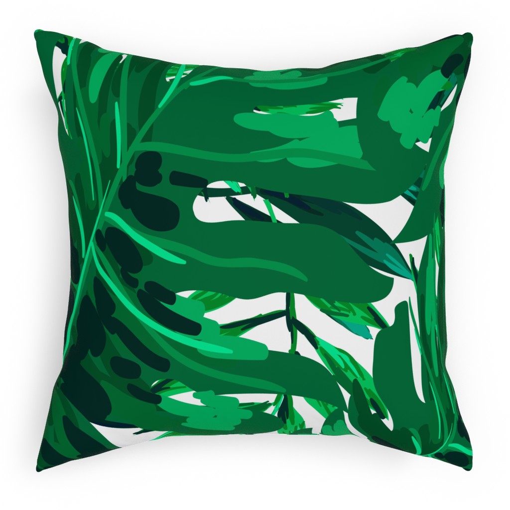 Tropical Leaves - Bright Green Pillow, Woven, White, 18x18, Double Sided, Green