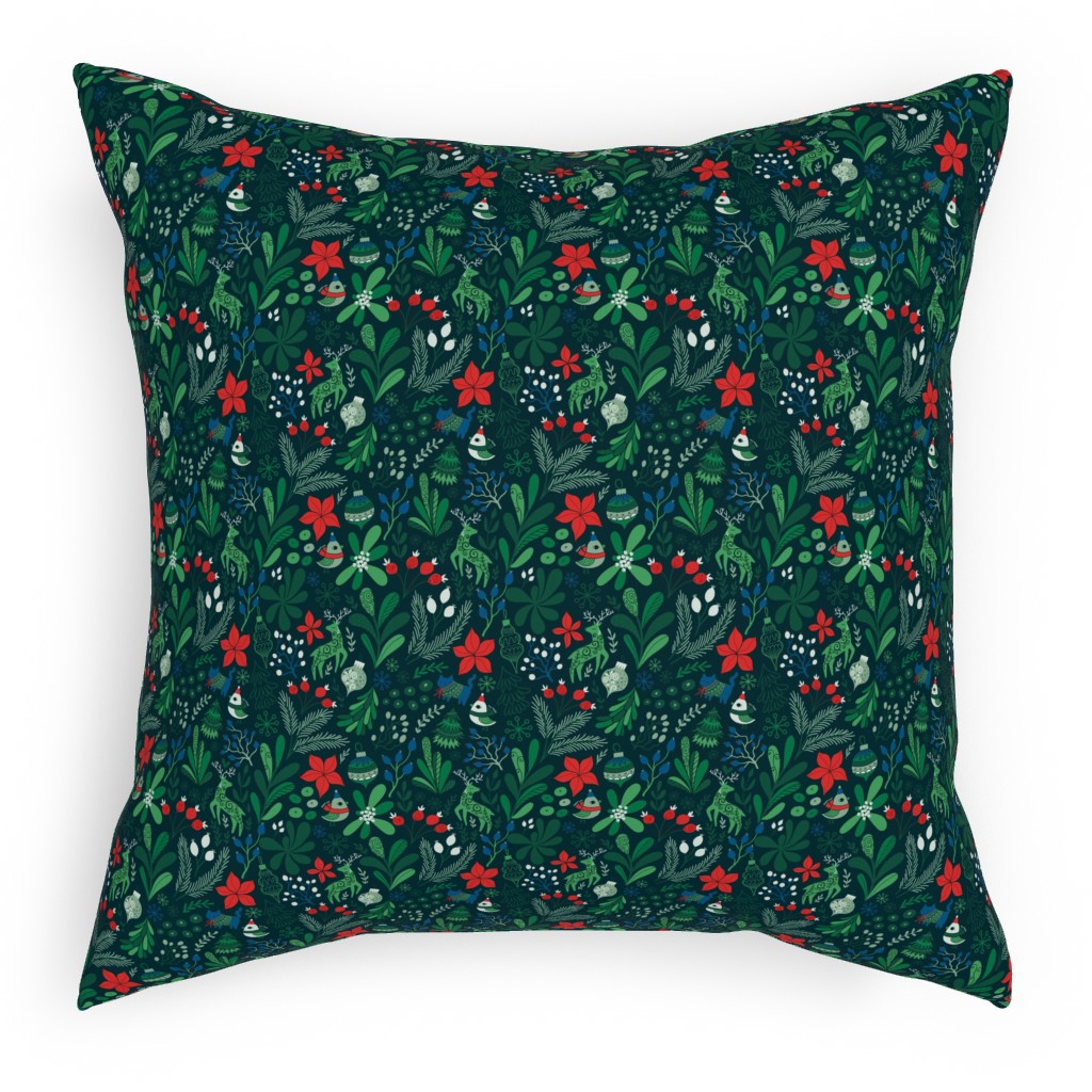 Merry Christmas Floral - Dark Pillow, Woven, White, 18x18, Double Sided, Green