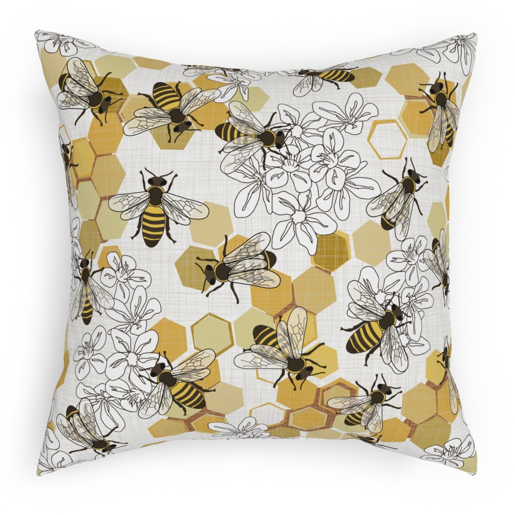 Save the Honey Bees - Yellow on White Pillow, Woven, White, 18x18, Double Sided, Yellow