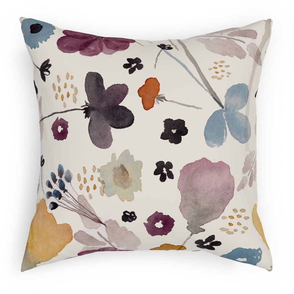 Watercolor Floral - Multi Pillow, Woven, White, 18x18, Double Sided, Multicolor