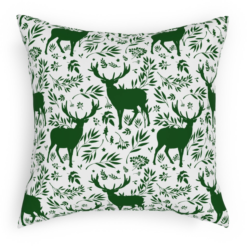 Winter Scene - Green on White Pillow, Woven, White, 18x18, Double Sided, Green, Classic Green