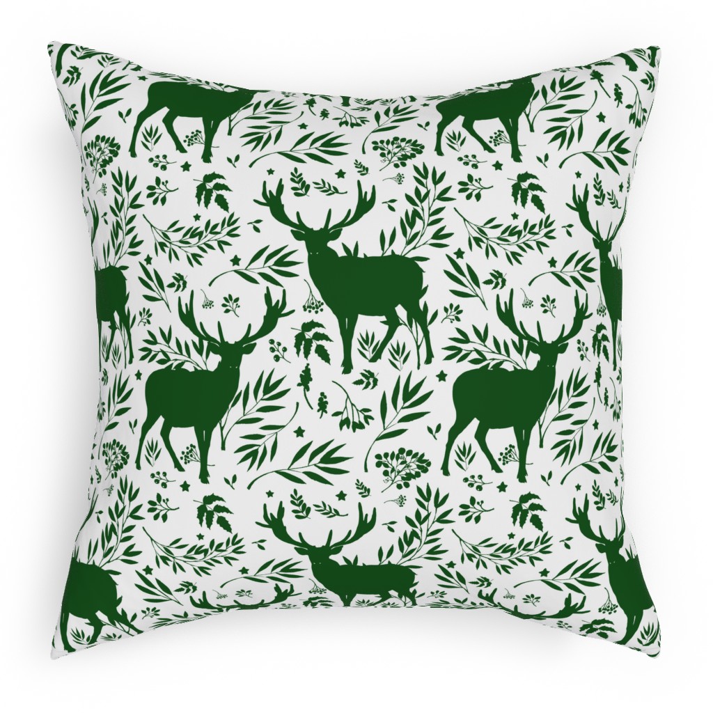 Winter Scene - Green on White Pillow, Woven, White, 18x18, Double Sided, Green