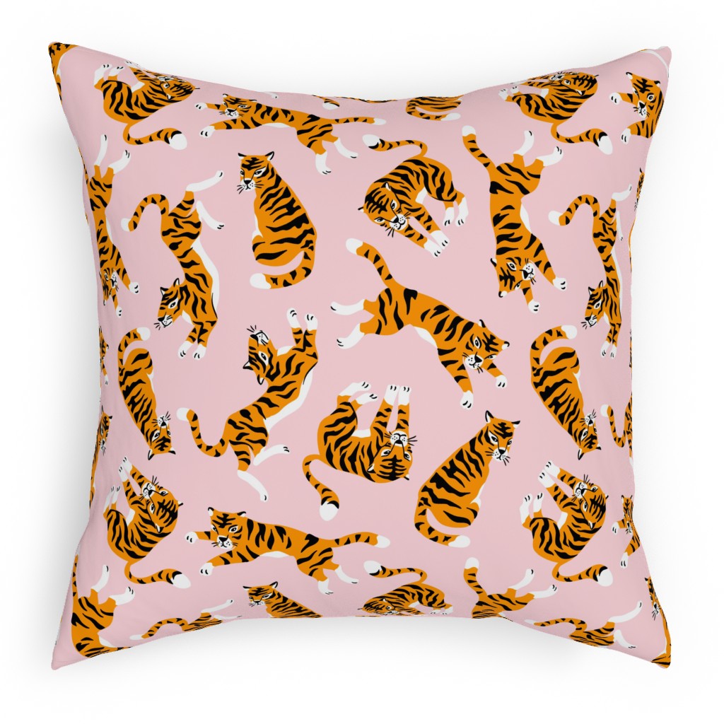 Tigers - Pink Pillow, Woven, White, 18x18, Double Sided, Pink, Bright Pink