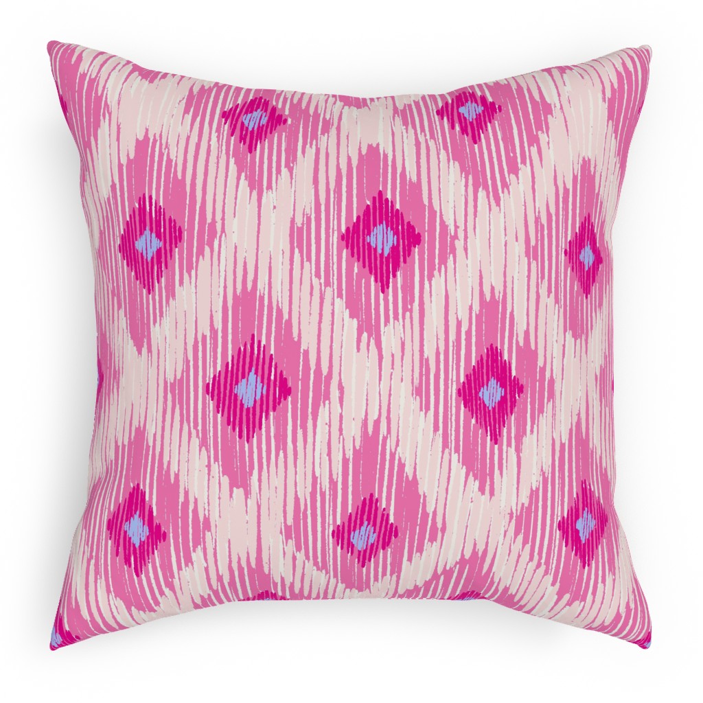 Ikat - Pink With Blue Pillow, Woven, White, 18x18, Double Sided, Pink