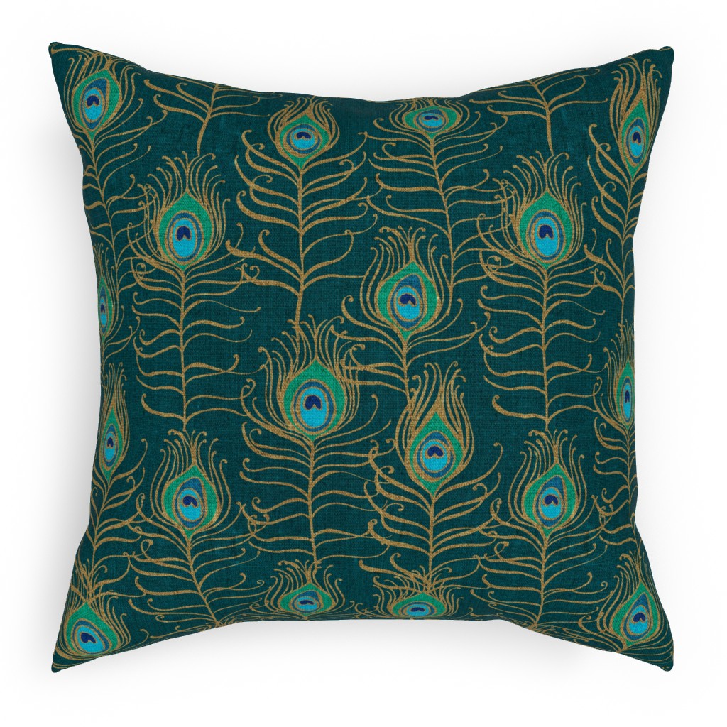 Peacock Feather Nouveau - Emerald Pillow, Woven, White, 18x18, Double Sided, Green, Classic Green