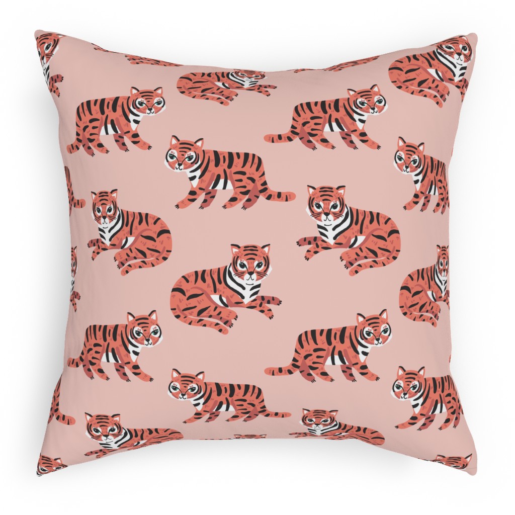 Jungle Tigers - Blush and Coral Pillow, Woven, White, 18x18, Double Sided, Pink