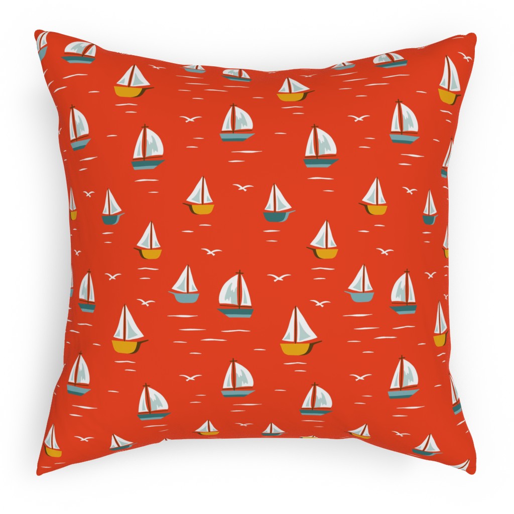 Sailboats Pillow, Woven, White, 18x18, Double Sided, Red, New Year